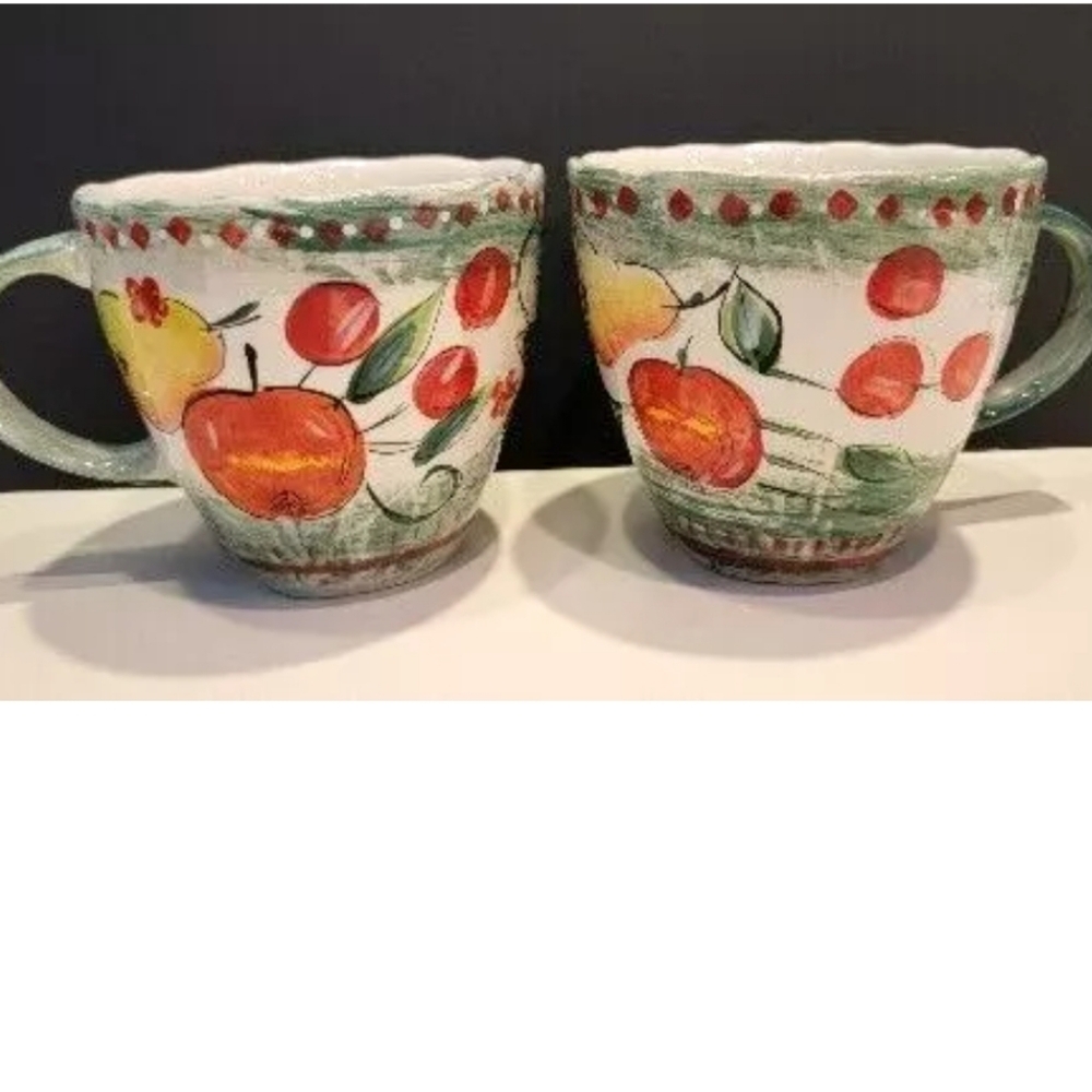 Tabletops Gallery Hand Painted 'Festival Fruit' 2 Hand Crafted 14 Oz Mugs
